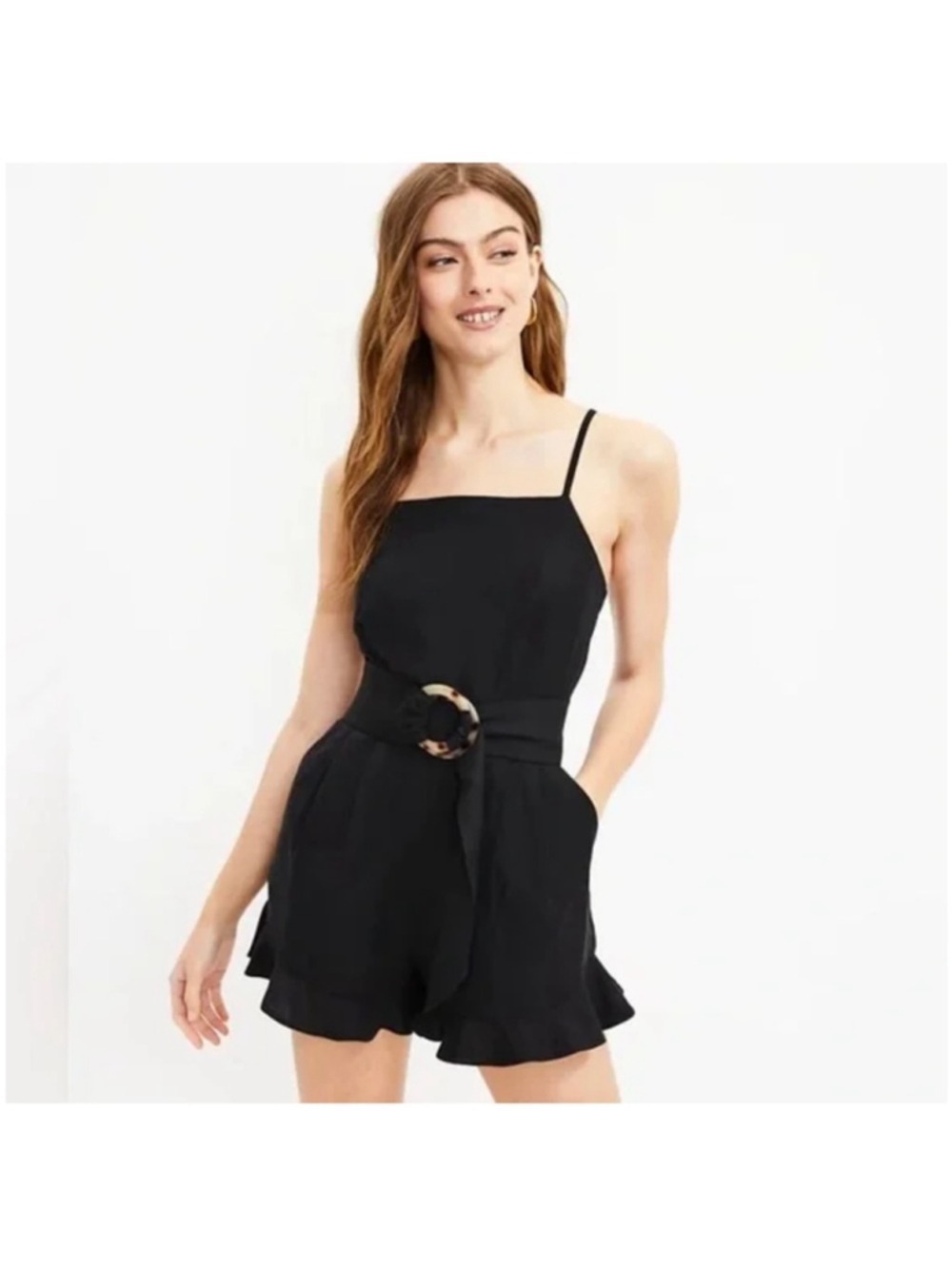 LOFT Ruffle Belted Black Linen Romper Ruffled shorts hem Jumpsuit Size 12